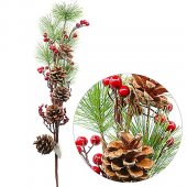 Украшение KWELT Ветка новогодняя 68 см, с ягодами и шишкой арт.К-07128