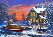 Холст с красками "Рыжий кот" Снежный домик на закате 30*40 см арт.Х-4948